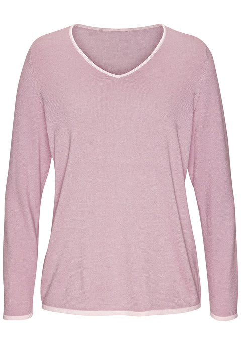 Bild: V-Ausschnitt-Pullover von Vivance: Bequemer Strickpullover von Vivance. V-Ausschnitt und gerader Saum mit Kontrastkante. Figurumspielende Passform. Vielseitig kombinierbar. Weiche Strickqualität mit Viskoseanteil.