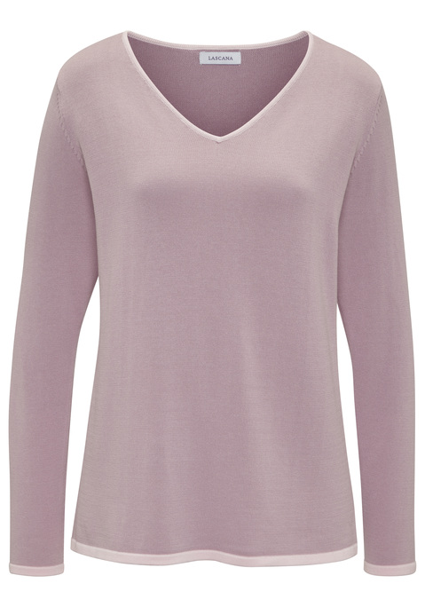 Bild: V-Ausschnitt-Pullover von Vivance: Unifarbener V-Ausschnitt-Pullover von Vivance mit Kontrastkanten an Ausschnitt und Bündchen. Hüftlange, gerade Passform. Sehr schön zu Jeans und langen Röcken. Weicher Feinstrick mit Viskoseanteil.