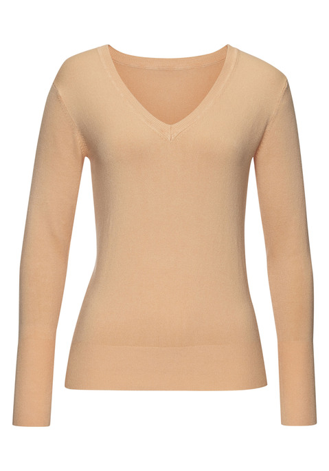 Bild: V-Ausschnitt-Pullover von Vivance: Pullover von VIVANCE mit tiefem V-Ausschnitt und langen, schmalen Ärmeln. Rippbündchen an den Abschlüssen. Länge ca. 60 cm. Nachhaltige Qualität aus 83% Viskose, 15% Polyamid, 2% Elasthan.